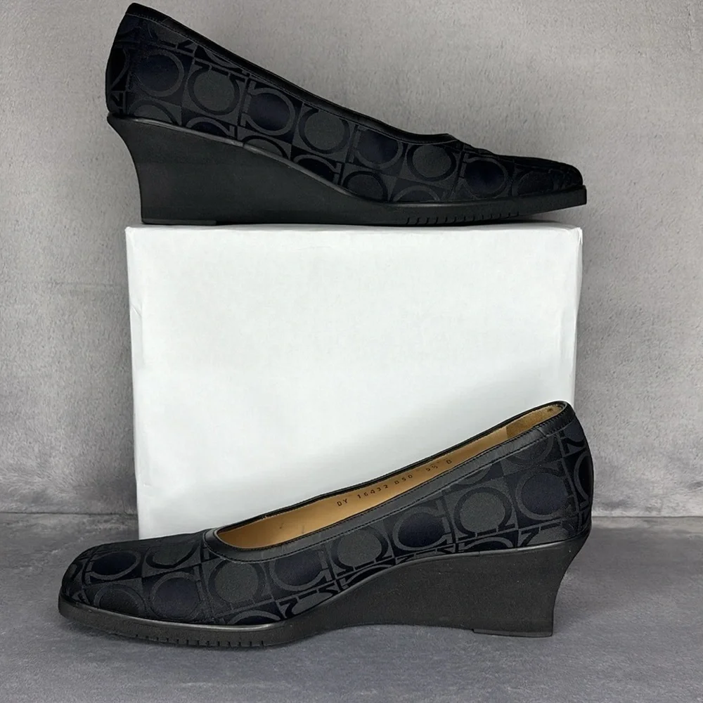 Salvatore Ferragamo Black Gancini Logo Wedge Pumps 9.5B Italy